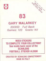 1983 Scanlens VFL Stickers #83 Gary Malarkey Back